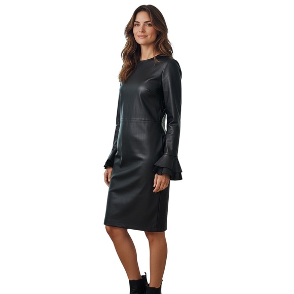 RALPH LAUREN COLLECTION BLACK RUFFLED DETAIL LAMBSKIN LEATHER DRESS WITH VELVET - Picture 5 of 5